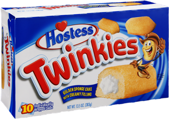 A Hostess Twinkies box featuring the logo, a cartoon mascot riding a cream-filled golden sponge cake, and 10-count label.