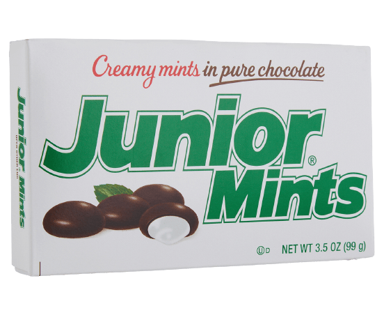 A white box of Junior Mints chocolate candies with green text and an illustration of chocolate-covered mints.