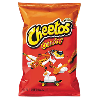 A bag of crunchy Cheetos snacks featuring Chester Cheetah riding a skateboard on a vibrant red and orange background.