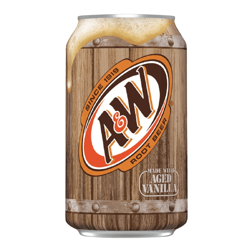 An A&W Root Beer can with a wooden barrel design, featuring a foam head spilling over the top edge.