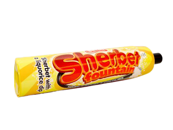 A yellow paper tube of Barratt Sherbet Fountain candy with red lettering against a white background.