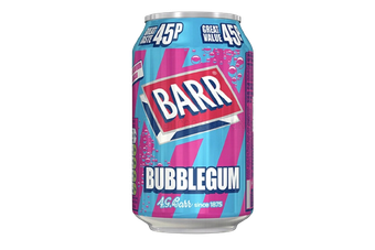 A can of Barr Bubblegum soda with a bright blue and pink striped design and white text logo.