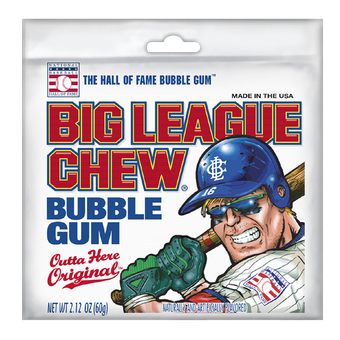 A package of Original Big League Chew bubble gum, featuring a cartoon baseball player and the brand logo.