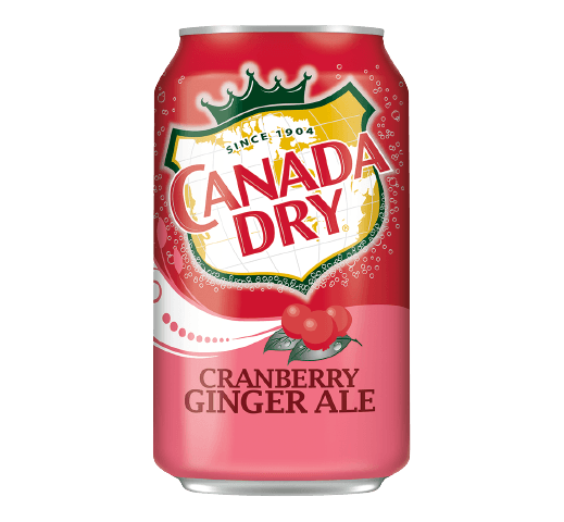A red and pink can of Canada Dry Cranberry Ginger Ale with the brand logo and a graphic of cranberries on the front.