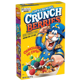 A box of Cap'n Crunch's Crunch Berries cereal featuring the Cap'n saluting over a bowl of colorful cereal and berries.