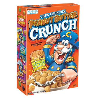 A box of Cap’n Crunch’s Peanut Butter Crunch cereal featuring the Cap’n in his blue uniform saluting a bowl of cereal.