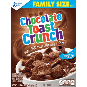 Family size box of Chocolate Toast Crunch cereal with a bowl of the cereal and a cartoon character on a brown background.