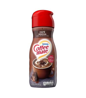 A bottle of Nestlé Coffee-mate Café Mocha coffee creamer with a red cap, featuring a cup of mocha on the label.