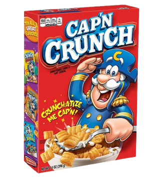 A box of Cap'n Crunch cereal with the cartoon Cap'n saluting and holding a spoonful of cereal over a bowl.