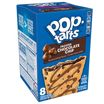 A box of frosted chocolate chip Pop-Tarts, featuring the logo, product name, and an illustration of a single pastry.