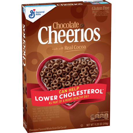 A brown box of Chocolate Cheerios cereal featuring a heart-shaped bowl of cereal and the text 
