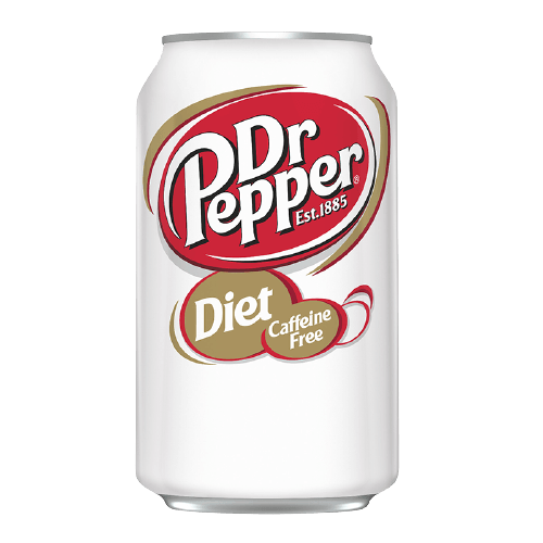A white can of Diet Caffeine Free Dr Pepper with the brand logo centered in red and gold.