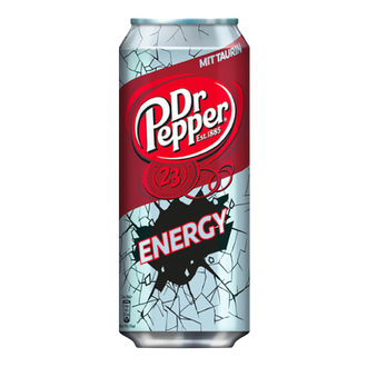 A Dr Pepper Energy drink can with a cracked glass design, red branding, and 