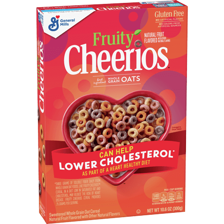 A box of Fruity Cheerios with a heart-shaped bowl of cereal on a red background, labeled to help lower cholesterol.