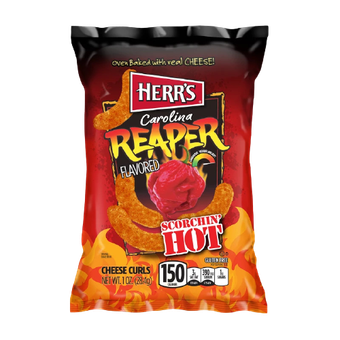 A bag of Herr's Carolina Reaper flavored cheese curls featuring a red and black design with flames and a chili pepper.