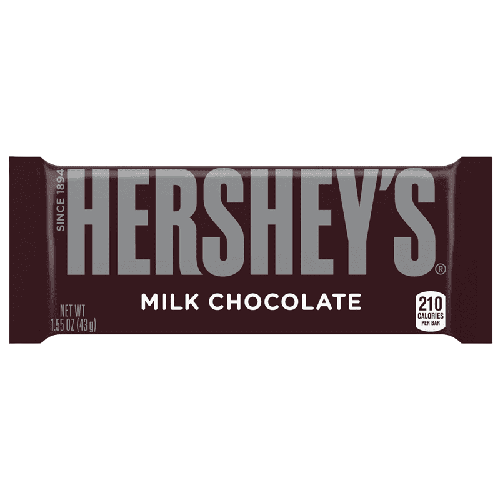 A brown Hershey’s milk chocolate bar wrapper with silver text, displaying the brand name and calorie count.