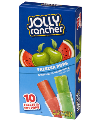 A box of 10 Jolly Rancher freezer pops in watermelon and green apple flavors, featuring fruit illustrations.