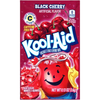 A packet of Black Cherry Kool-Aid drink mix featuring a red Kool-Aid Man character and cherries against a red background.