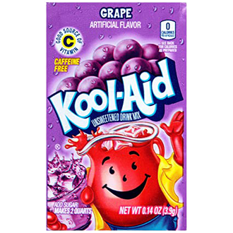 A grape-flavored Kool-Aid packet, featuring the red pitcher mascot on a purple background with fresh grapes.