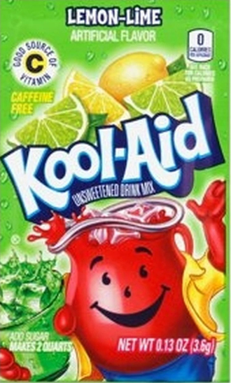 A packet of Kool-Aid lemon-lime unsweetened drink mix featuring the Kool-Aid Man character against a green background.