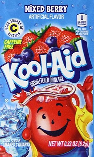 Kool-Aid Mixed Berry unsweetened drink mix packet featuring the red Kool-Aid Man character and fresh fruit imagery.