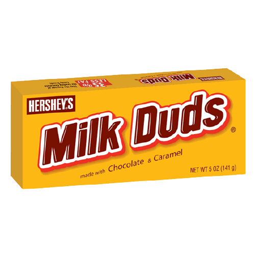 A box of Hershey's Milk Duds candy with a yellow background and red-and-white text.