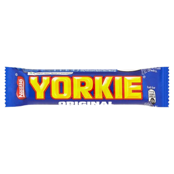 A blue wrapper for a Nestlé Yorkie Original chocolate bar with the word YORKIE in large yellow letters.