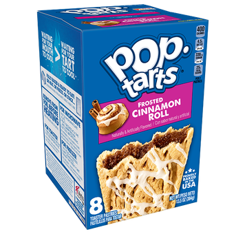A box of Frosted Cinnamon Roll Pop-Tarts, showing the product logo, flavor name, and a graphic of the pastry.