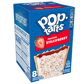 A box of frosted strawberry Pop-Tarts featuring the product name, an image of a pastry, and an 8-count label on blue.
