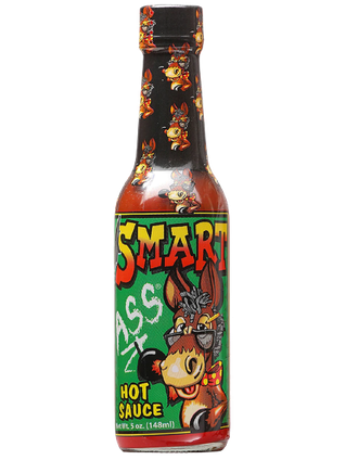 A bottle of Smart Ass Hot Sauce featuring a cartoon donkey wearing glasses against a green background.
