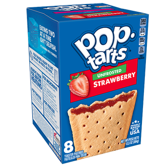 A box of Unfrosted Strawberry Pop-Tarts, showing the product name, flavor, and a single pastry on a blue background.