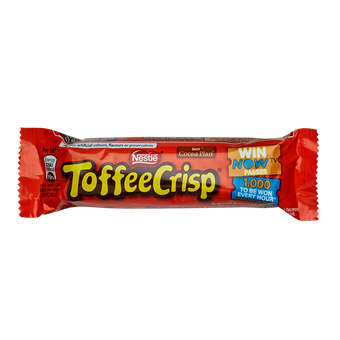 A Nestlé Toffee Crisp candy bar in its red wrapper with promotional text about winning a prize.
