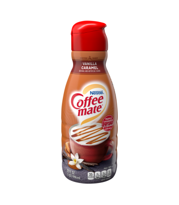 A bottle of Nestlé Coffee-mate Vanilla Caramel coffee creamer with a red cap, brown label, and illustration of coffee.