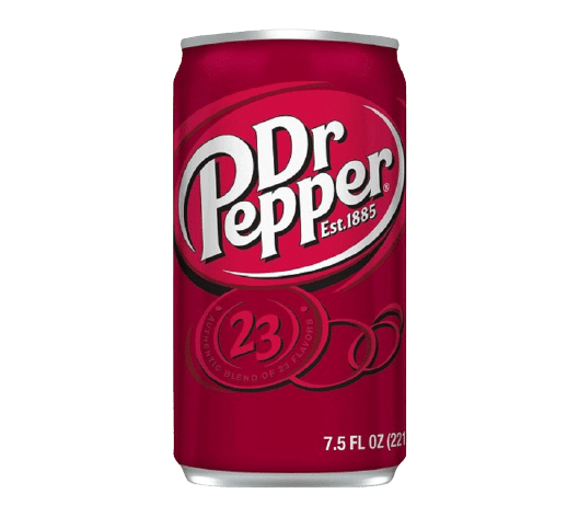 A 7.5 fl oz can of Dr Pepper soda with its signature maroon label, white logo, and 