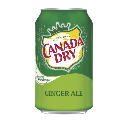A green Canada Dry Ginger Ale soda can with a shield-shaped logo featuring a crown and the brand name in red text.