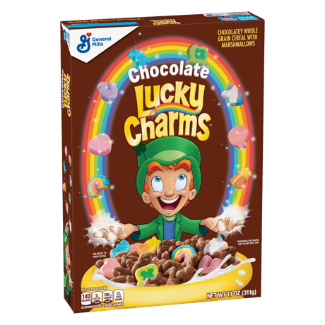 A box of Chocolate Lucky Charms cereal featuring the Lucky the Leprechaun mascot, a rainbow, and colorful marshmallows.