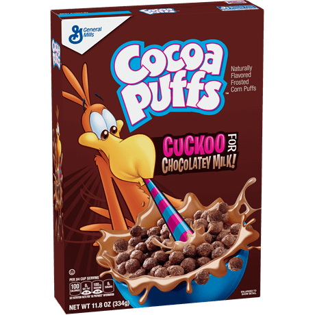 Box of Cocoa Puffs cereal featuring the Cuckoo bird drinking from a blue bowl of chocolatey cereal with a colorful straw.