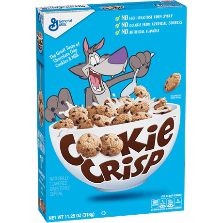 A box of Cookie Crisp cereal featuring a cartoon wolf behind a bowl of chocolate chip cookie-shaped cereal pieces.