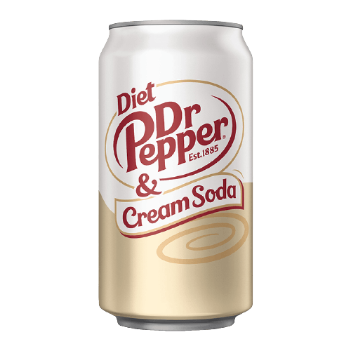 A white and tan aluminum can of Diet Dr Pepper & Cream Soda with the brand logo centered.
