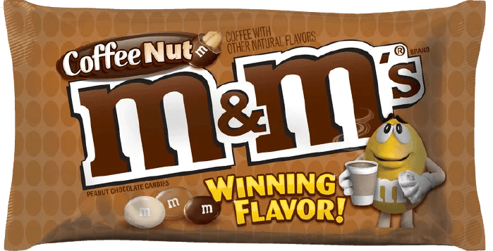 A tan package of Coffee Nut M&Ms with the text 