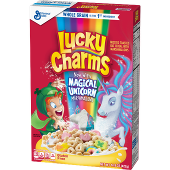 A box of Lucky Charms cereal featuring the leprechaun mascot, a unicorn, and magical marshmallows in a bowl of cereal.