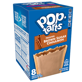 A box of Frosted Brown Sugar Cinnamon Pop-Tarts, showing the product logo, flavor, and a single toasted pastry.