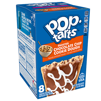A box of Frosted Chocolate Chip Cookie Dough Pop-Tarts, featuring a product image and blue packaging.