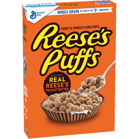 A box of Reese's Puffs cereal with its signature orange branding and a bowl of the corn puff cereal filled with milk.