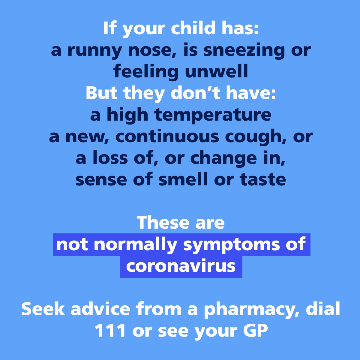 Blue graphic advising that runny nose/sneezing isn't normally a COVID-19 symptom in kids without fever/cough/smell loss.