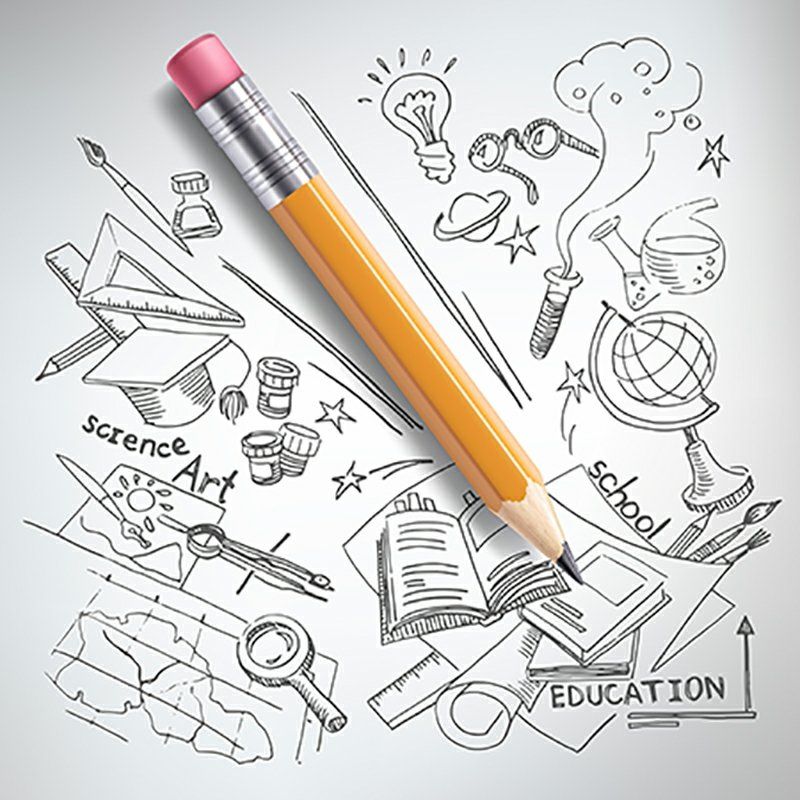 Yellow pencil with pink eraser overlaying school doodles: art, science, and education.