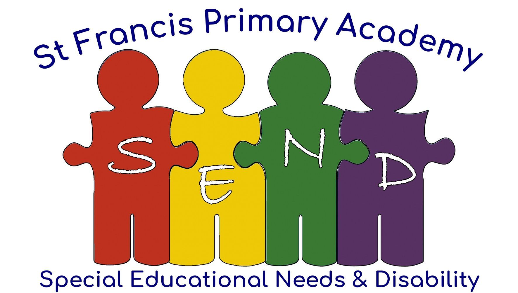Logo for St Francis Primary Academy: Colorful figures holding letters spelling SEND (Special Educational Needs & Disability).