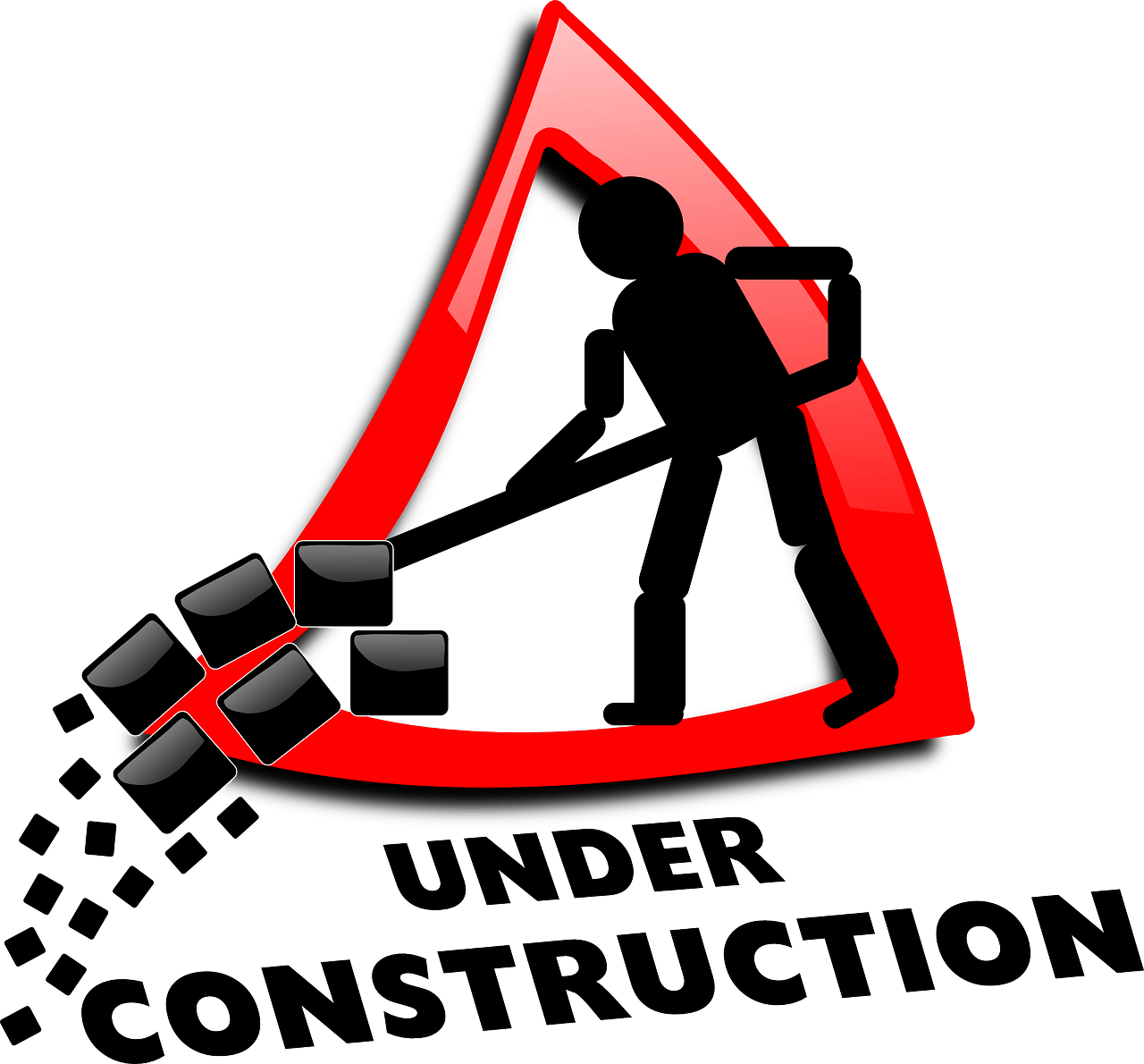 Red triangle with a stick figure shoveling black blocks, text