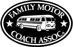 A black and white logo for a family motor coach association.