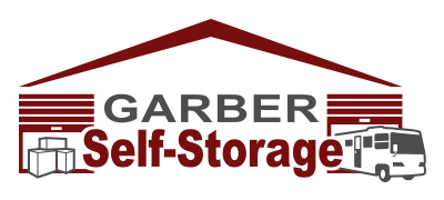 A logo for garber self storage with a rv in the background.